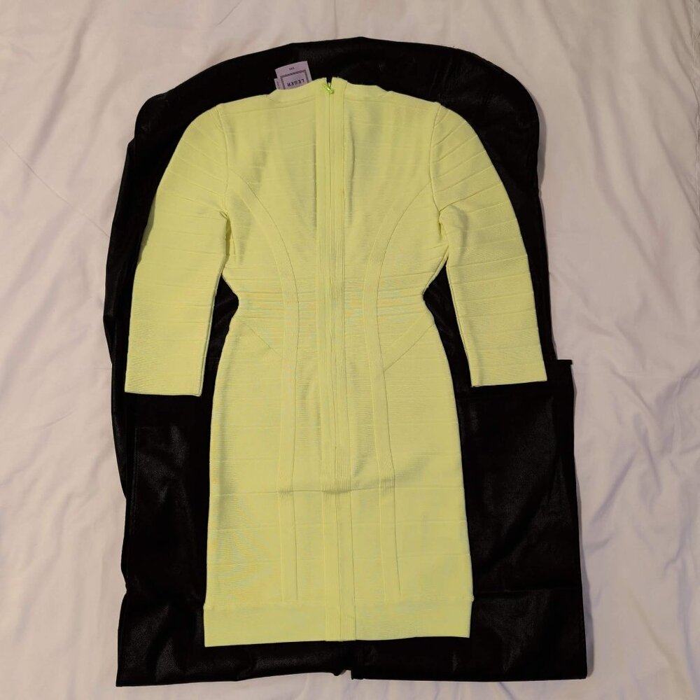 Herve Leger Neon Yellow/Green 'Nathalia' V-Neck 3/4 Sleeve Bandage Mini Dress - Picture 6 of 12